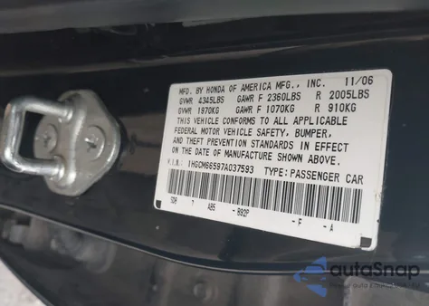 2007 Honda Accord 3.0 Ex from USA, damaged, VIN 1HGCM66597A037593